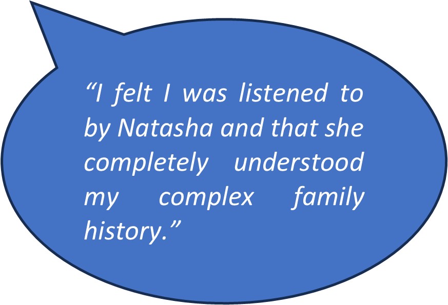 Feedback from Spall Clark client about Natasha Yelland “I felt I was listened to by Natasha and that she completely understood my complex family history.”