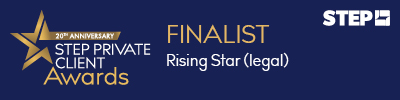 Logo for STEP Private Client Awards. Text says Finalist - Rising Star (legal)