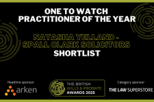 Graphic showing Natasha Yelland as shortlisted for One to Watch Practitioner of the Year at British Wills and Probate Awards 2025