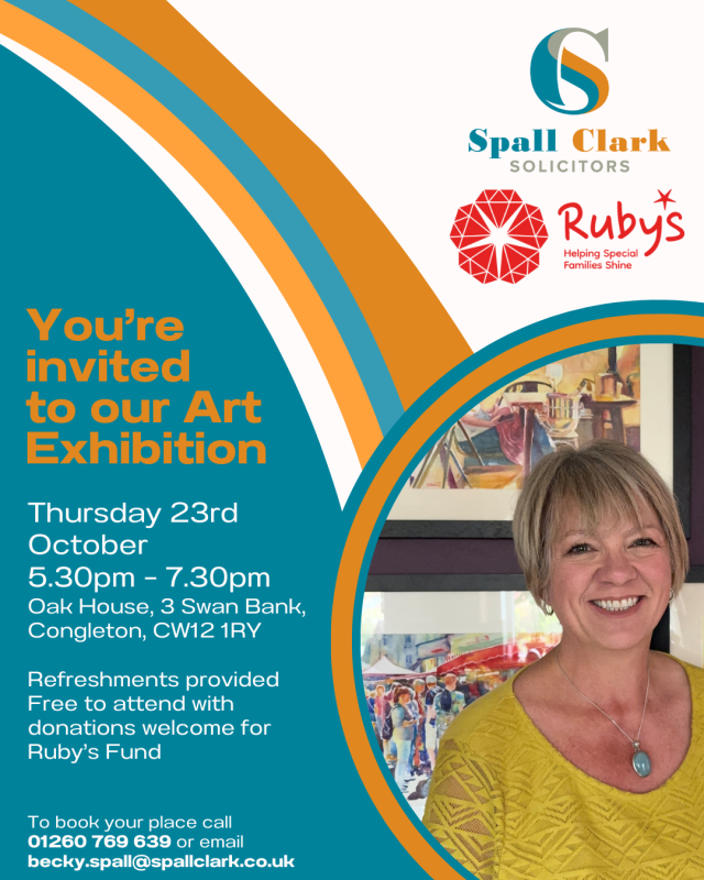 Invitation to Spall Clark Solicitors' art exhibition on 23 October 2025. It contains a picture of artist Deborah Lees and the exhibition date.