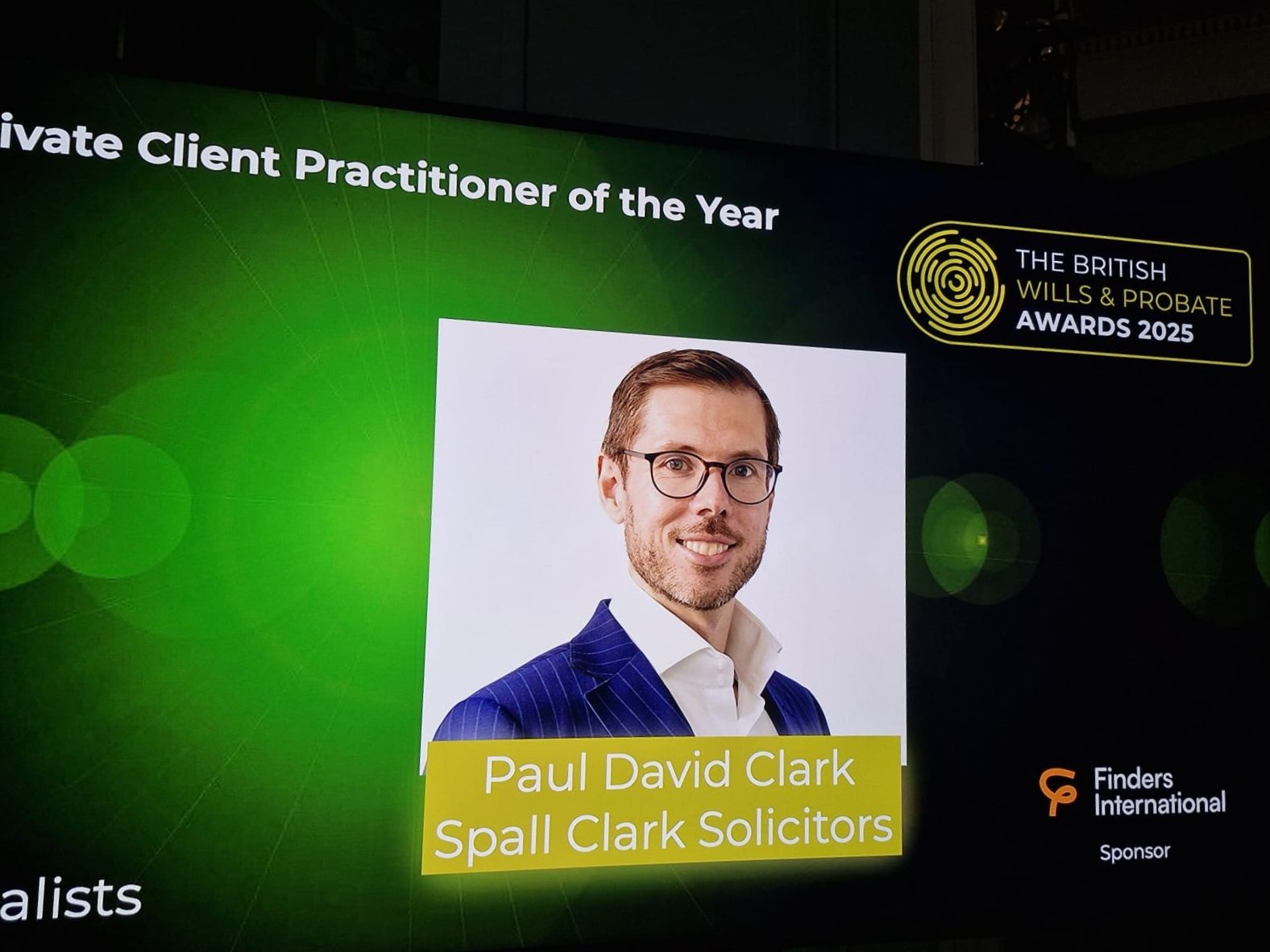Screen showing a picture of Paul Clark alongside the words Private Client Practitioner of the Year