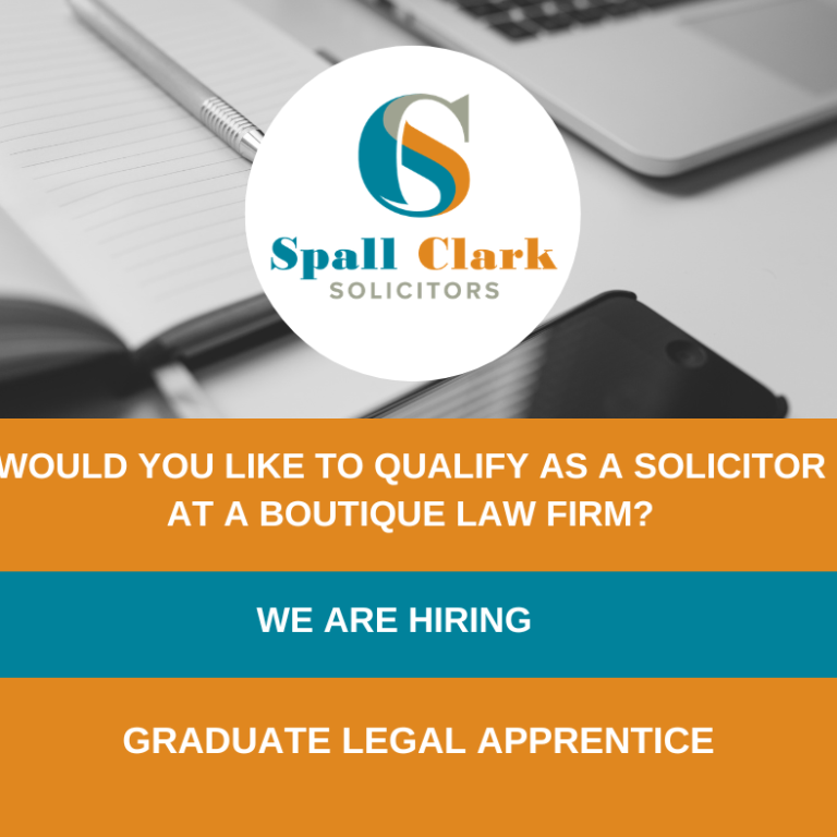 Spall Clark Solicitors Logo with three coloured bands with text: 'Would you like to qualify as a solicitor at a boutique law firm' 'we are hiring' 'graduate legal apprentice'