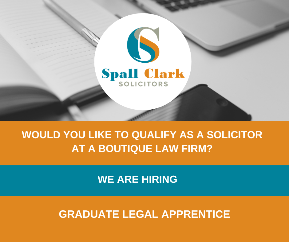 Spall Clark Solicitors Logo with three coloured bands with text: 'Would you like to qualify as a solicitor at a boutique law firm' 'we are hiring' 'graduate legal apprentice'