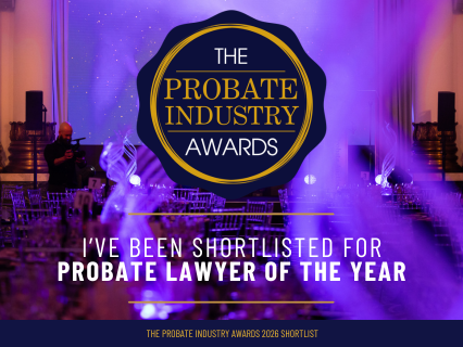Probate Industry Awards Logo with text: I've been shortlisted for Probate Lawyer of the Year
