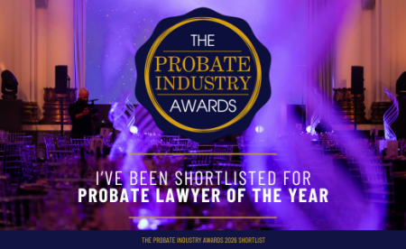 Probate Industry Awards Logo with text: I've been shortlisted for Probate Lawyer of the Year