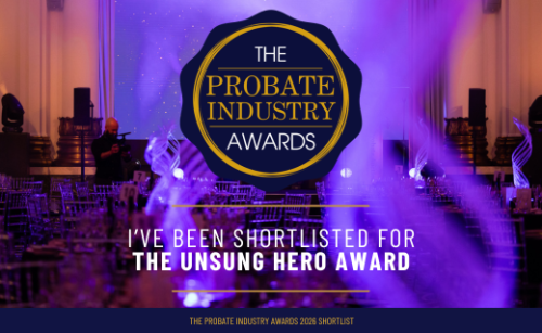 Probate Industry Awards Logo with text: I've been shortlisted for Unsung Hero Award