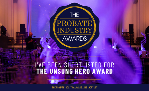 Probate Industry Awards Logo with text: I've been shortlisted for Unsung Hero Award