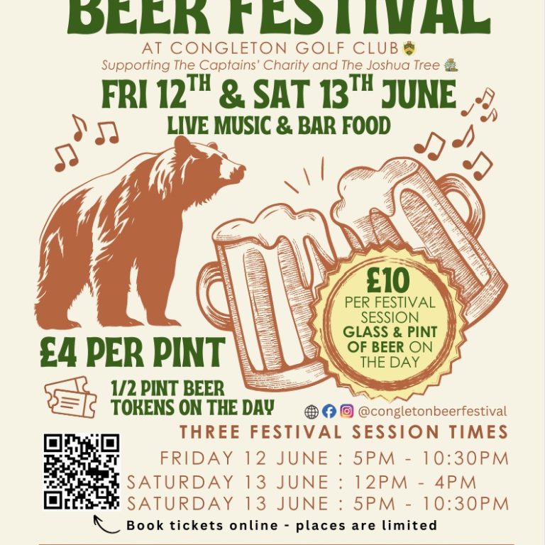 Poster of Congleton Beer Festival. It gives the date of the festival and shows a bear and two pints of beer. The cost is £4 per pint.
