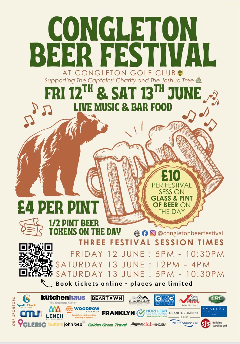 Congleton Beer Festival Poster of Congleton Beer Festival. It gives the date of the festival and shows a bear and two pints of beer. The cost is £4 per pint.