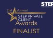 STEP Awards logo. Blue background with a gold star. Wording: "STEP Private Client Awards Finalist"