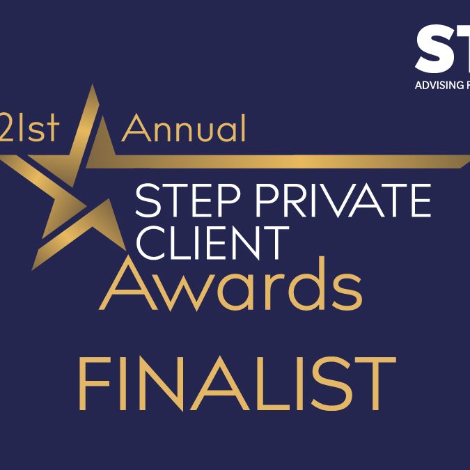 STEP Awards logo. Blue background with a gold star. Wording: "STEP Private Client Awards Finalist"