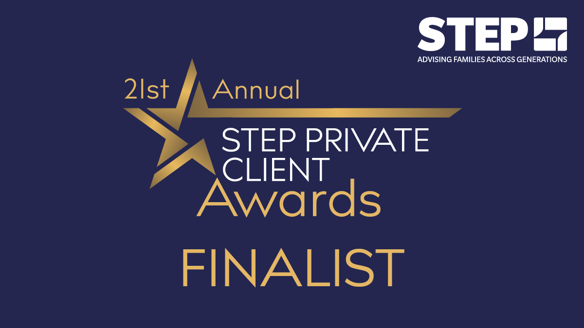STEP Awards logo. Blue background with a gold star. Wording: "STEP Private Client Awards Finalist"