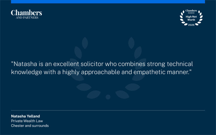 Chambers and Partners High Net Worth Guide 2026 quote about Natasha Yelland solicitor:Chambers and Partners High Net Worth Guide 2026 quote from feedback: "Natasha is an excellent solicitor who combines strong technical knowledge with a highly approachable and empathetic manner."