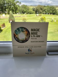 Card with the text "Magic Mike 5.1% ABV pale ale sponsor: Spall Clark Solicitors"