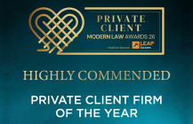 Private Client Modern Law Awards 26 - Highly Commended - Private Client Firm of the Year. Gold on blue background