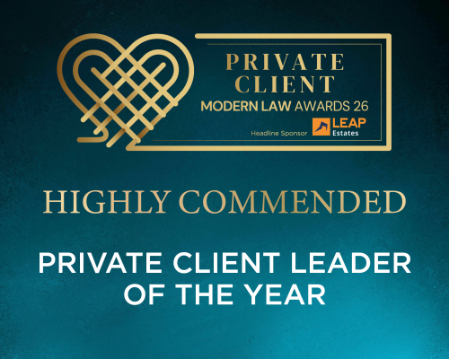 Private Client Modern Law Awards 26 - Highly Commended - Private Client Leader of the Year. Gold on blue background