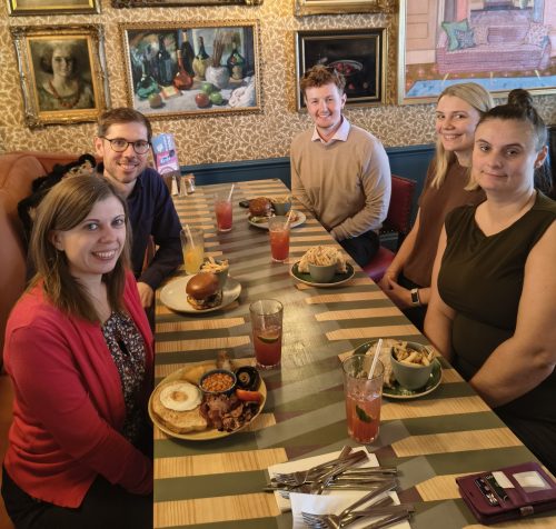 Oliver Crouch and Spall Clark at lunch during work experience.