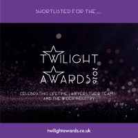 Purple and black background - Text reads: Shortlisted for the...Twilight Awards 2026 - celebrating lifetime lawyers, their teams and the wider industry.