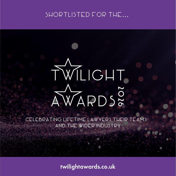 Purple and black background - Text reads: Shortlisted for the...Twilight Awards 2026 - celebrating lifetime lawyers, their teams and the wider industry.