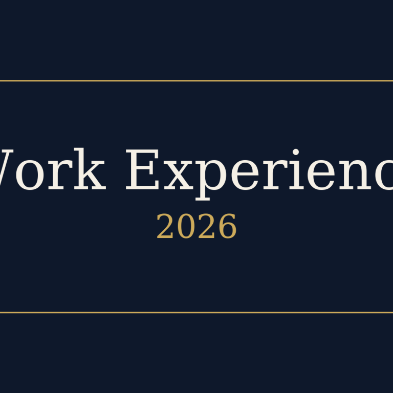 Blue background with gold border. White writing with says "Work Experience 2026". Gold writing underneath which says "2026"
